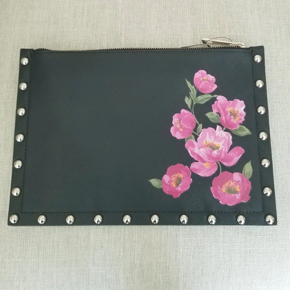 White House Black Market Black  Leather Silver Studded Pink Floral Clutch NWT - Picture 6 of 9